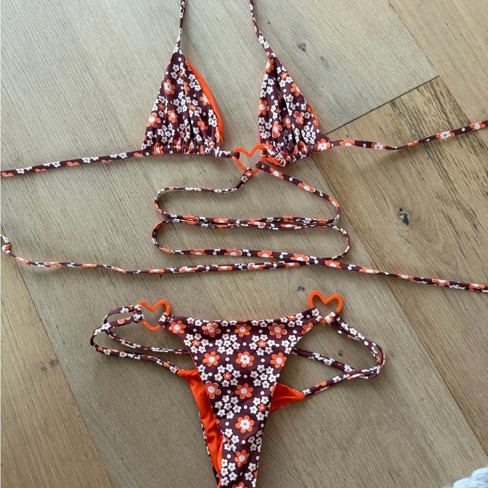 Floral Heart-Accent String Bikini - Brown & Orange